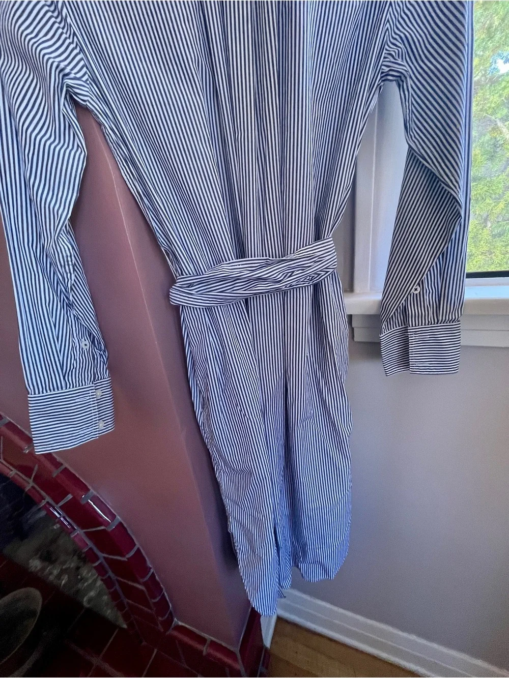 J. Crew Navy and White Striped Button-Down Shirt Dress with Waist Tie, pockets